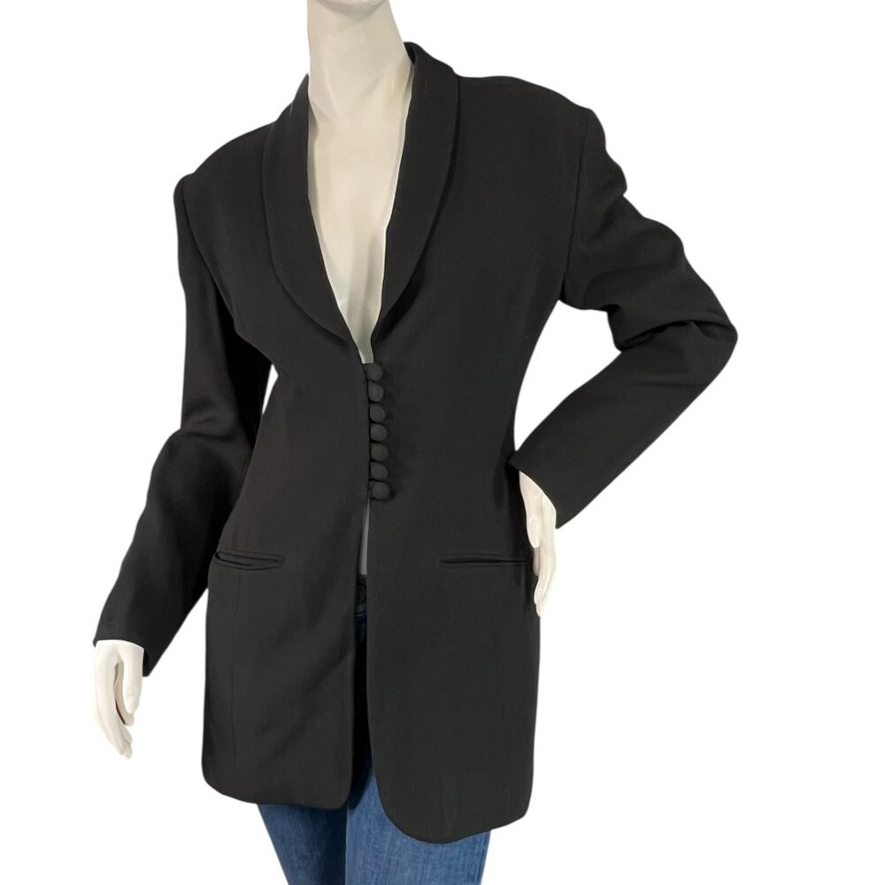 Bebe Vintage 90s Black Cinched Waist Long Blazer Wool Blend Made in USA, Size 4